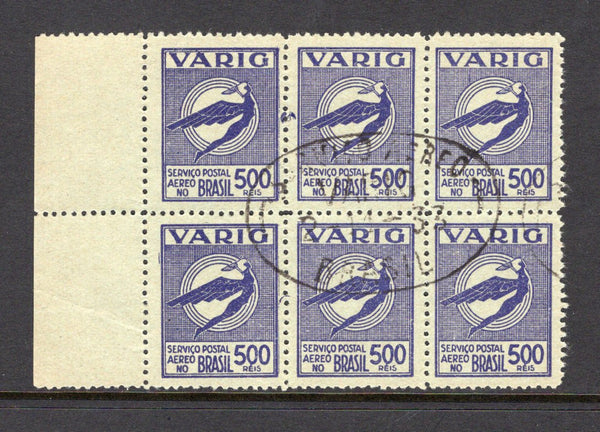 BRAZIL - 1932 - PRIVATE AIRMAIL COMPANIES - VARIG: 500rs ultramarine on blue 'Icarus' issue FORGERY, a fine 'used' side marginal block of six with fake VARIG cds's. (As Sanabria #V29)  (BRA/39456)