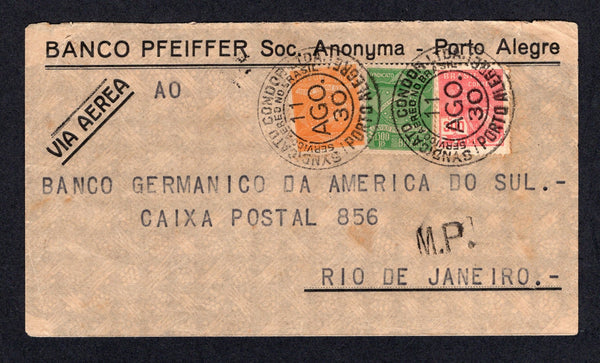 BRAZIL - 1930 - PRIVATE AIRMAIL COMPANIES - CONDOR: Commercial airmail cover franked with 1920 300rs rose red 'Industry' issue plus 1927 700rs orange and 1300rs green CONDOR issue (SG 333 & Sanabria #C2 & C4) tied by SYNDICATO CONDOR PORTO ALEGRE cds's dated 11 AGO 1930 with 'M.P.' marking in black alongside. Addressed to RIO DE JANEIRO with RIO DE JANEIRO CONDOR arrival cds on reverse.  (BRA/39462)