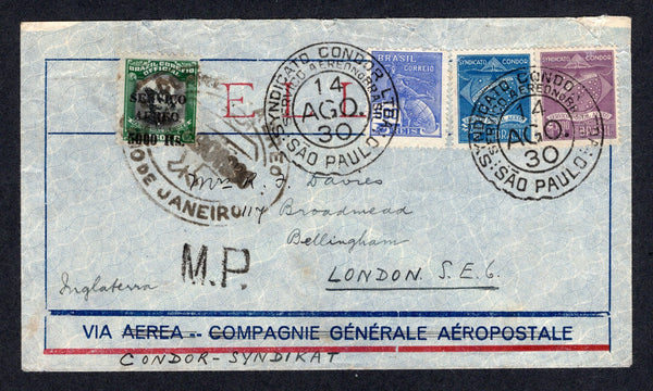 BRAZIL - 1930 - PRIVATE AIRMAIL COMPANIES - CONDOR: Commercial airmail cover with 'VIA AEREA COMPAGNIE GENERALE AEROPOSTALES crossed out and 'CONDOR - SYNDIKAT' added in manuscript franked with 1920 500rs ultramarine 'Industry' issue, 1927 5000rs on 50,000r black & green 'SERVICIO AEREO' overprint issue and 1927 2000rs blue and 3000rs violet CONDOR issue (SG 337, 453 & Sanabria #C5/C6) all tied by SYNDICATO CONDOR SAO PAULO cds's dated 14 AGO 1930 except the 5000rs green & black which is tied by large oval