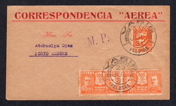 BRAZIL - 1931 - PRIVATE AIRMAIL COMPANIES - VARIG: Commercial cover franked with 1931 pair 100rs + 50rs orange (SG 493) plus 1931 700rs red on yellow VARIG issue (Sanabria #V18) tied by PELOTAS VARIG cds's dated 23 JUL 1931 with 'M.P.' marking in violet alongside. Addressed to PORTO ALEGRE with PORTO ALEGRE VARIG arrival cds on reverse.  (BRA/39464)