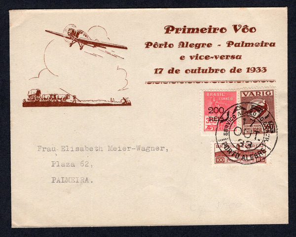 BRAZIL - 1933 - PRIVATE AIRMAIL COMPANIES - VARIG - FIRST FLIGHT: Illustrated VARIG 'Primeiro Voo Porto Alegre - Palmeira e vice-versa 17 Octubre de 1933' wagon & airplane cover franked with 1933 200rs on 300rs rose red 'Industry' issue, 1933 100rs brown TAX issue and 1933 350rs brown VARIG issue (SG 534, 539 & Sanabria #V33) tied by PORTO ALEGRE cds dated 17 OCT 1933. Flown on the first flight from PORTO ALEGRE to PALMEIRA with arrival cds on reverse. (Muller #195)  (BRA/39467)