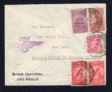 BRAZIL - 1931 - AIRMAIL & PUBLICITY CACHET: Printed 'British Consulate SAO PAULO' envelope franked with 1920 200rs rose red 'Industry' issue and 1929 pair 200rs carmine, 500rs purple and 1000rs red brown 'Santos Dumont' AIR issue (SG 398, 470, 472 & 478) tied by SAO PAULO cds's dated 27. IV. 1931 with 'VIA PAA' emblem cachet on front and large boxed 'VIA PANAIR CORRESPONDENCIA AEREA SYSTEMA PAN AMERICAN AIRWAYS' cachet on reverse both in purple. Addressed to USA with BELEM (PARA) transit cds on reverse.  (