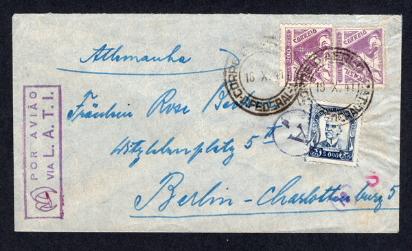 BRAZIL - 1941 - AIRMAIL: Airmail cover franked 1929 5000rs violet blue and pair 1933 200rs violet TAX issue (SG 465 & 541) tied by RIO DE JANEIRO cds's dated 18. X. 1941. Addressed to GERMANY with fine strike of boxed 'POR AVIAO VIA L.A.T.I.' airmail cachet in purple and various LATI censor marks including circular 'Ad' all on front.  (BRA/39484)