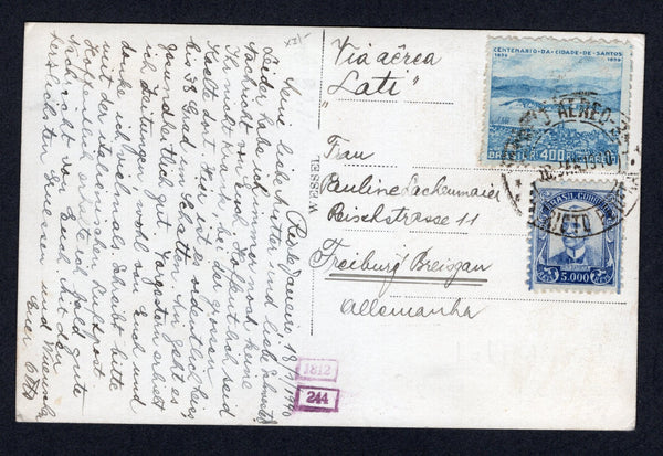 BRAZIL - 1940 - AIRMAIL: Photographic PPC 'Rio de Janeiro - Av. Rio Branco' with manuscript 'Via aerea Lati' at top. Franked on message side with 1929 5000rs violet blue and 1939 400rs light blue (SG 465 & 616) tied by RIO DE JANEIRO cds dated 10 JAN 1940. Addressed to GERMANY with two small boxed LATI censor marks in purple on front.  (BRA/39485)