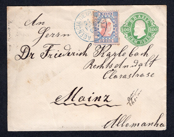 BRAZIL - 1893 - TINTUREIRO ISSUE & CANCELLATION: 100rs green on cream 'Dom Pedro' postal stationery envelope (H&G B5a) used with added 1891 100rs vermilion & ultramarine 'Tintureiro' issue perf 12½-14 (SG 111d) tied by fine strike of AGENCIA DE IPANEMA cds (Sao Paulo state) in blue dated 21 FEB 1893. Addressed to GERMANY with SAO PAULO and RIO DE JANEIRO transit cds's on reverse. Very fine.  (BRA/39513)