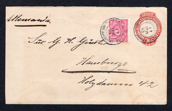 BRAZIL - 1893 - CABECINHA ISSUE: 100rs red postal stationery envelope 'Die 1' (H&G B9) used with added 1893 100rs rose 'Cabecinha' issue perf 12½-14 (SG 114) tied by BAHIA TARDE cds dated 17 MAI 1893. Addressed to GERMANY with arrival cds on reverse. Very fine.  (BRA/39514)