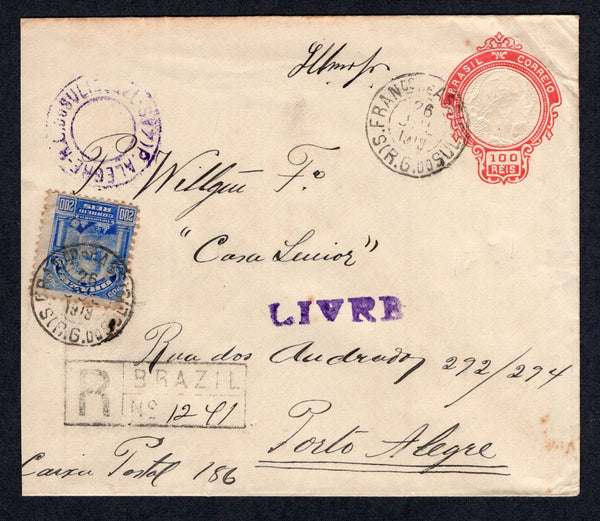 BRAZIL - 1918 - INSURRECTION & CENSORSHIP: 100rs red on thin cream paper postal stationery envelope (H&G B24) used with added 1906 200rs bright ultramarine (SG 266) tied by S. FRANCO DE ASSIS (R.G DO SUL) cds's dated 26 JUL 1919 with boxed registration mark alongside. Addressed to PORTO ALEGRE and censored on arrival with straight line 'LIVRE' marking and undated circular P. ALEGRE - R.G.DO SUL (4AS - TARDE) marking both in bright violet on front and oval '67' censor number on reverse along with arrival cd