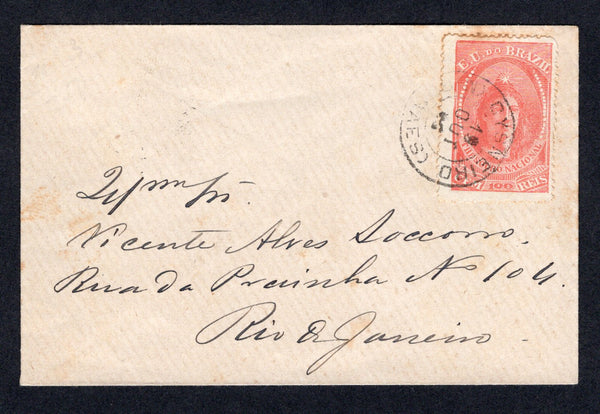 BRAZIL - 1893 - POSTAL REVENUE & ILLEGAL USE: Small cover franked with single 1890 100rs red 'Thesouro Nacional' REVENUE issue (Barata #138) tied by CYSNEIRO (M.GERAES) cds dated 19 OCT 1893. Addressed to RIO DE JANEIRO with arrival cds. A fine illegal use accepted as postage without charge. Rare.  (BRA/39516)