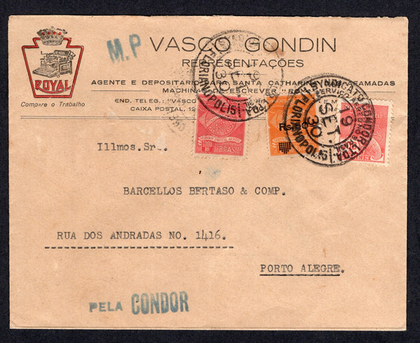 BRAZIL - 1930 - PRIVATE AIRMAIL COMPANIES - CONDOR: Commercial cover franked with 1920 300rs rose red 'Industry' definitive (SG 333) and 1927 pair 1000rs carmine CONDOR issue and 1930 50rs on 700rs orange 'Surcharge' (Sanabria #C3 & C11) tied by FLORIANOPOLIS CONDOR cds's dated 19 SEP 1930. Addressed to PORTO ALEGRE with 'M.P.' and straight line 'PELA CONDOR' markings in blue on front. PORTO ALEGRE CONDOR arrival cds on reverse. The surcharge issue is very scarce used on cover.  (BRA/39520)