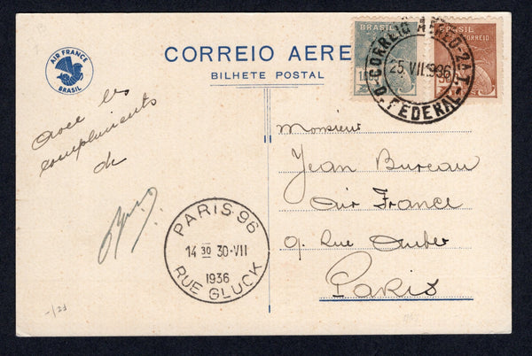 BRAZIL - 1936 - AIRMAIL: Printed 'Air France Brasil' Christmas greetings postcard with 'Flag & Seaplane' illustration inscribed 'Centesima Travessia do Atlantico Sul com Correio Totalmente Aereo Brasil - Europa em 2 Dias' franked on message side with 1920 500rs brown and 1000rs blue 'Industry' definitives (SG 407 & 410) tied by RIO DE JANEIRO cds dated 25 VII 1936. Addressed to FRANCE with PARIS arrival cds on front. Very fine.  (BRA/39580)