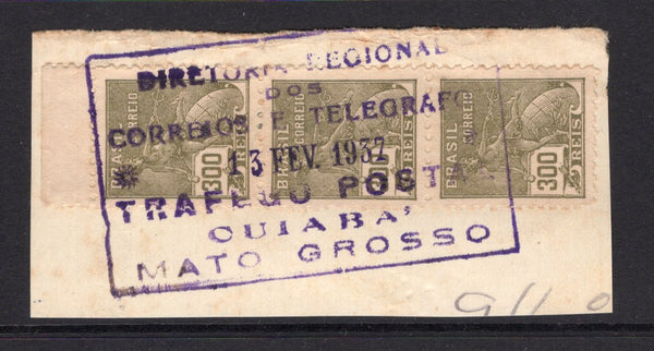 BRAZIL - 1937 - CANCELLATION: 300rs drab 'Industry' issue strip of three tied on piece by fine complete strike of boxed 'DIRETORIA REGIONAL CORREIOS E TELEGRAFO TRAFEGO POSTAL CUIABA MATO GROSSO' cancel in purple dated 13 FEV 1937. (SG 405)  (BRA/39619)