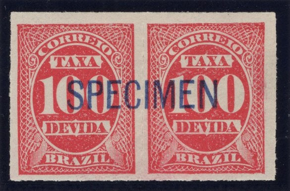 BRAZIL - 1889 - POSTAGE DUES: 100rs scarlet 'Postage Due' issue, a fine pair with large 'SPECIMEN' overprint in blue across the pair. Gummed. (SG D91)  (BRA/39758)