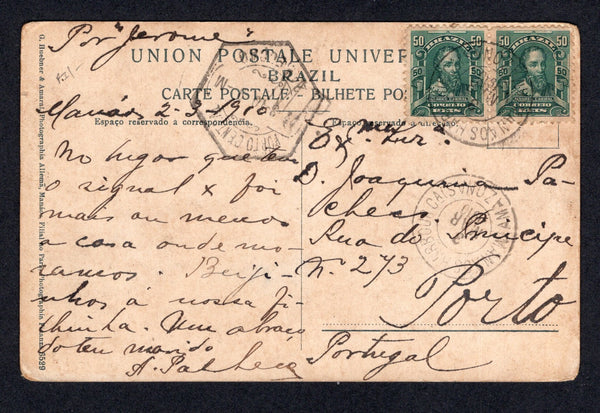 BRAZIL - 1910 - CANCELLATION: Colour PPC 'Manaos Rua Henrique Martins' franked on message side with pair 1906 50rs bluish green (SG 263) tied by MANAOS HARBOUR (AMAZONAS) cds with good second strike alongside. And endorsed 'Per Jerome' (ship) at top. Addressed to PORTUGAL with arrival cds on front.  (BRA/39777)