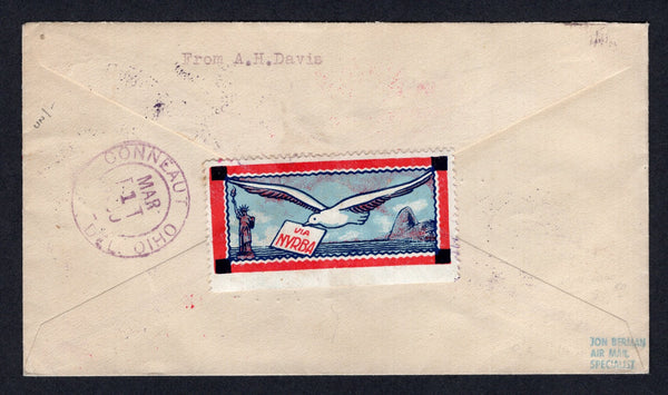 BRAZIL - 1930 - FIRST FLIGHT: Cover franked with 1920 100rs orange yellow, 200rs rose red & 400rs blue 'Industry' issue, 1927 1000rs on 20rs black & olive AIR overprint issue and 1929 pair 500rs purple and 1000rs red brown AIR issue (SG 326, 330, 334, 448, 472 & 473) tied by NYRBA DO BRASIL SERVICIO AEREA RIO DE JANEIRO cds's dated 19 FEB 1930. Flown on the Rio de Janeiro - New York NYRBA first flight with various first flight cachets on front. Addressed to USA with lovely black, blue, red & white 'Seagull