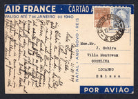 BRAZIL - 1936 - AIRMAIL: Printed 'Air France' Christmas greetings postcard with 'Postman standing on Airmail letter' illustration inscribed '2 Dias a Europa' & 'Valido ate 7 de Janeiro de 1940' franked on message side with 1920 500rs brown and 2000rs violet 'Industry' issue (SG 407 & 411) tied by SAO PAULO cds dated 22 VII 1939. Addressed to SWITZERLAND.  (BRA/39911)