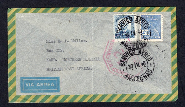 BRAZIL - 1940 - DESTINATION & CENSORSHIP: Airmail cover franked with 1920 400rs blue 'Industry' issue and 1929 5000rs violet blue 'Barbosa' issue (SG 406 & 465) tied by SERVICIO AEREO AMAZONAS cds's dated 30 IV 1940. Addressed to KANO, NORTHERN NIGERIA, BRITISH WEST AFRICA with arrival cds on reverse and 'PASSED BY CENSOR 12 NIGERIA' censor mark in red on front. A very scarce destination from the Amazon.  (BRA/40104)