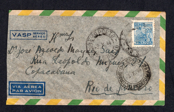 BRAZIL - 1944 - PRIVATE AIRMAIL COMPANIES - VASP: Commercial 'VASP' airmail envelope franked with 1941 1200rs dull blue (SG 658) tied by AEROPORTO S. PAULO cds dated 3. X. 1944. Addressed to RIO DE JANEIRO with large printed pale yellow 'Servicio Postal Rapido VASP' label on reverse.  (BRA/40116)