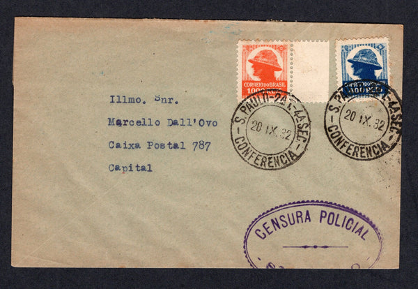 BRAZIL - 1932 - REVOLUTION: Cover franked with 1932 400rs blue and 1000rs orange 'Sao Paulo' REVOLUTIONARY issue (SG 521 & 525) tied by two strikes of SAO PAULO 2AT - 4A SEC CONFERENCIA cds dated 20. IX. 1932 with oval 'CENSURA POLITICAL SAO PAULO' censor mark in purple alongside. Addressed locally within SAO PAULO. A scarce issue used on cover.  (BRA/40268)