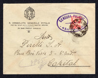 BRAZIL - 1932 - REVOLUTION: Cover with printed 'R. Consolato Generale D'Italia Per Gli Stati di S. Paolo e Matto Grosso in San Paolo (Brasile)' on front franked with single 1932 200rs carmine 'Sao Paulo' REVOLUTIONARY issue (SG 519) tied by SAO PAULO 2AT - 4A SEC CONFERENCIA cds dated 22. IX. 1932 and also by a fine strike of oval 'CENSURA POLITICAL SAO PAULO' censor mark in purple. Addressed locally within SAO PAULO. A scarce issue used on cover.  (BRA/40269)