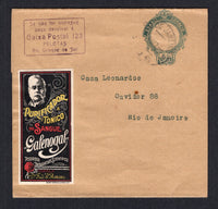 BRAZIL - 1922 - CINDERELLA: 20rs green on buff postal stationery wrapper (H&G E13) used with RIO DE JANEIRO cds dated 1922 with lovely large multicoloured 'Medical Tonic' CINDERELLA label inscribed 'Purificador E Tonico do Sangue "Galenogal" Poderoso Depurativo Scientifico Formula Dr Fred W Romano' attached on front. Addressed locally within RIO DE JANEIRO. Very attractive.  (BRA/40274)