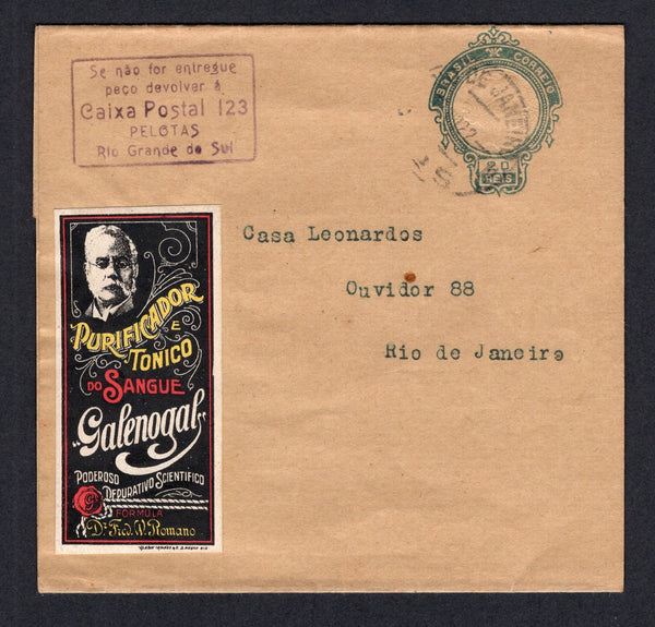 BRAZIL - 1922 - CINDERELLA: 20rs green on buff postal stationery wrapper (H&G E13) used with RIO DE JANEIRO cds dated 1922 with lovely large multicoloured 'Medical Tonic' CINDERELLA label inscribed 'Purificador E Tonico do Sangue "Galenogal" Poderoso Depurativo Scientifico Formula Dr Fred W Romano' attached on front. Addressed locally within RIO DE JANEIRO. Very attractive.  (BRA/40274)