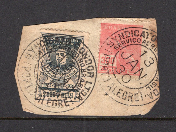 BRAZIL - 1930 - PRIVATE AIRMAIL COMPANIES - CONDOR: Small piece with 1920 300rs rose red 'Industry' issue and 1930 2000rs blue 'Dr Victor Kondor' commemorative CONDOR issue both tied by fine SYNDICATO CONDOR PORTO ALEGRE cds's dated 13 JAN 1930. Scarce. (SG 333 & RHM #K-11)  (BRA/40310)