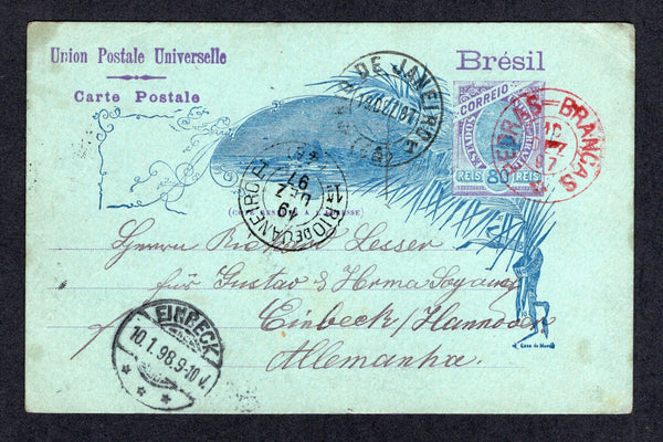 BRAZIL - 1897 - CANCELLATION: 80rs blue & violet on blue postal stationery card (H&G 23) datelined 'Bom retiro 9.12.97' on reverse used with superb strike of PEDRAS=BRANCAS cds in bright red dated 10 DEZ 1897. Addressed to GERMANY with RIO DE JANEIRO transit cds's and German arrival cds all on front.  (BRA/40347)