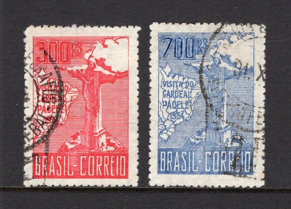 BRAZIL - 1934 - COMMEMORATIVES: 300rs scarlet and 700rs ultramarine 'Visit of Cardinal Pacelli' issue, from the 'Second Printing', the pair fine cds used. Very scarce. (SG 559/560, RHM #C78-A/C79-A)  (BRA/40367)