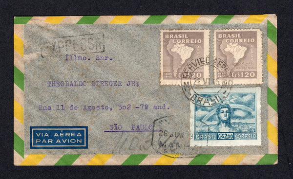 BRAZIL - 1944 - PRIVATE AIRMAIL COMPANIES - VASP: Commercial airmail cover with boxed 'EXPRESSA' handstamp franked with 1945 2 x 1cr 20c brown purple and 2cr greenish blue (SG 709 & 714) tied by RIO DE JANEIRO cds dated 26. VI. 1945. Addressed to SAO PAULO with boxed "VASP" 26 JUN 1945 MANHA S.PAULO marking on front and large black on salmon 'Servicio Postal Rapido VASP ESTAFETA' label on reverse..  (BRA/40447)