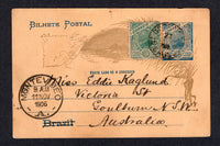 BRAZIL - 1906 - DESTINATION: 50rs blue on brownish yellow 'Sugarloaf' postal stationery card (H&G 29a) used with added 1900 50rs green (SG 230) tied by CORUMBA MATO GROSSO cds dated 27 OCT 1906. Addressed to AUSTRALIA with MONTEVIDEO, URUGUAY transit cds on front.  (BRA/40569)