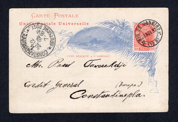 BRAZIL - 1892 - DESTINATION: 80rs carmine & blue 'Liberty' postal stationery card (H&G 15) used with RIO DE JANEIRO cds dated 28 NOV 1892. Addressed to CONSTANTINOPLE (Turkey) with CONSTANTINOPEL DEUTSCHE POST arrival cds of the German P.O. on front.  (BRA/40627)