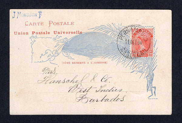 BRAZIL - 1892 - DESTINATION & ROUTING: 80rs carmine & pale ultramarine 'Liberty' postal stationery card (H&G 15) used with PERNAMBUCO cds dated 11 DEZ 1894. Addressed to BARBADOS, WEST INDIES with ST. LUCIA transit cds and BARBADOS arrival cds on reverse. A scarce destination and nice island routing.  (BRA/40628)