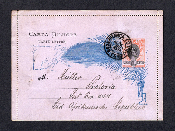BRAZIL - 1897 - DESTINATION: 200rs orange & black on lilac 'Liberty Head' postal stationery lettercard (H&G A33) used with AGUA-BRANCA (SAO-PAULO) cds dated 3 DEZ 1897. Addressed to PRETORIA, SUD AFRIKANISCHE REPUBLICK with PRETORIA arrival cds on reverse. Card has a light crease at right.  (BRA/40631)