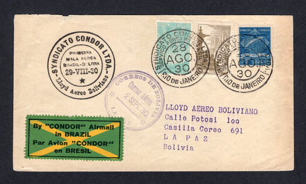 BRAZIL - 1930 - PRIVATE AIRMAIL COMPANIES - CONDOR - FIRST FLIGHT: Cover franked with 1930 100rs turquoise green and 200rs drab (SG 487/488) and 1927 2000rs deep blue CONDOR issue (Sanabria #C5) all tied by RIO DE JANEIRO CONDOR cds's dated 28 AGO 1930. Flown on the L.A.B. first flight from Rio de Janeiro to La Paz, Bolivia with circular 'SYNDICATO CONDOR LTDA Primeira Mala Aerea Brasil - Bolivia 29-VIII-30 Lloyd Aereo Boliviano' cachet in black and green & yellow 'Cross' airmail label on front. Addressed 