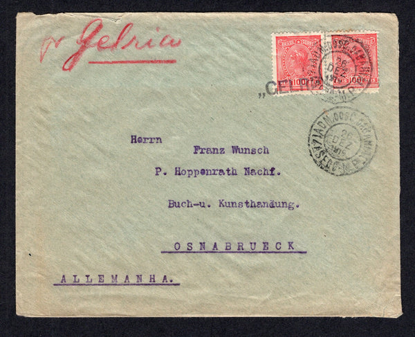 BRAZIL - 1919 - MARITIME & CANCELLATION: Cover with manuscript 'Pr Geleria' at top in red franked with 1918 pair 100rs rose red (SG 292a) tied by BAHIA cd's dated 26 DEZ 1919 and also by good strike of straight line 'GELERIA' ship cancel in black. Addressed to GERMANY.  (BRA/40921)
