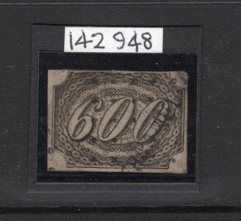 BRAZIL - 1845 - CLASSIC ISSUES: 600rs black on greyish paper 'Inclinado' issue, a good used copy with four margins, just touching along top margin. Small thin on top right corner shows on reverse. 1987 RPSL certificate accompanies. (SG 16B)  (BRA/41274)