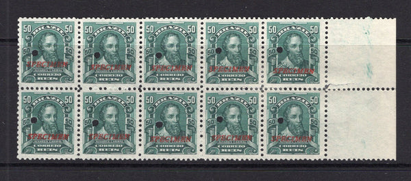 BRAZIL - 1906 - SPECIMEN & MULTIPLE: 50rs bluish green 'Portrait' issue, a fine side marginal block of ten each stamp with 'SPECIMEN' overprint in red and small hole punch. Ex ABNCo. archive. (SG 263)  (BRA/41276)