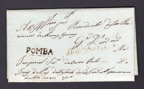 BRAZIL - 1837 - PRESTAMP: Complete folded letter with manuscript 'S.P.' (Servicio Publico) at top sent by the Justice of the Peace of Nepomuceno in Minas Gerais state from POMBA with fine strike of straight line 'POMBA' marking in black. Addressed to the 'Presidente de la Provincia de Minas Gerais' in OURO PRETO with straight line boxed 'BARBACENA' transit mark in blackish brown on front. Very fine for these with no toning at all. A very rare marking. (RHM #P-MG-46 and #P-MG-09a)  (BRA/41502)