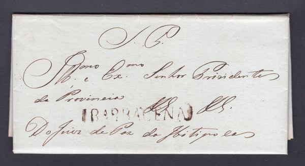 BRAZIL - 1837 - PRESTAMP: Complete folded letter with manuscript 'S.P.' (Servicio Publico) at top sent by the Justice of the Peace of Ibitipoca in Minas Gerais state carried by hand to BARBACENA where the letter was posted with fine strike of straight line boxed 'BARBACENA' marking in brown. Addressed to the 'Presidente da Provincia' in OURO PRETO. Very fine for these with no toning at all. Scarce. (RHM #P-MG-09a)  (BRA/41504)