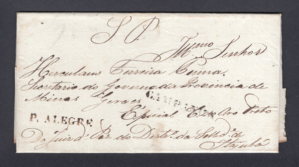 BRAZIL - 1837 - PRESTAMP: Complete folded letter with manuscript 'S.P.' (Servicio Publico) at top datelined 'Itajuba 4 de Agosto 1837' inside sent by the Justice of the Peace of Itajuba with good strike of straight line 'CAMPANHA' marking in black and also straight line 'P. ALEGRE' (POUZO ALEGRE) marking in brown both on front. Addressed to OURO PRETO. Fine & scarce. (RHM #P-MG-47 & #P-MG-12)  (BRA/41507)