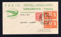 BRAZIL - 1932 - PRIVATE AIRMAIL COMPANIES - VARIG - FIRST FLIGHT: Illustrated 'Varig Primeiro Correio Aereo Livramento - Pelotas' First Flight cover franked with pair 1931 100rs+50rs orange (SG 493) and 1931 350rs red VARIG issue (Sanabria #V17) tied by LIVRAMENTO VARIG cds in black dated 20 JUL 1932. Flown on the Livramento - Pelotas first flight. Addressed to PELOTAS with VARIG arrival cds on reverse. (Muller #173b)  (BRA/41513)