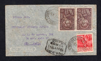 BRAZIL - 1941 - PRIVATE AIRMAIL COMPANIES - VASP: Airmail cover franked with 1939 1200rs + 400r scarlet & pink and pair 1941 1200rs brown (SG 630 & 641) tied by CORREIO AEREO D. FEDERAL cds's dated 28 X 1941. Addressed to SAO PAULO with boxed "VASP" 28 OUT 1941 TARDE S.PAULO marking on front. Cover has a large yellow 'Servicio Postal Rapido VASP ESTAFETA No. 1' label on reverse with SAO PAULO arrival cds underneath.  (BRA/41523)