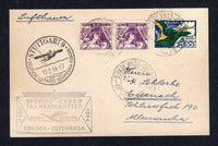 BRAZIL - 1934 - FIRST FLIGHT: Plain postcard franked with 1933 pair 200rs violet and 1933 3500rs blue, green & yellow AIR issue (SG 541 & 530) tied by RECIFE cds's dated 8 II 1934. Flown on the 'Rio de Janeiro - Stuttgart' first flight by Condor Lufthansa with fine strike of boxed first flight cachet on front and STUTTGART arrival cds on front. (Muller #200)  (BRA/41524)