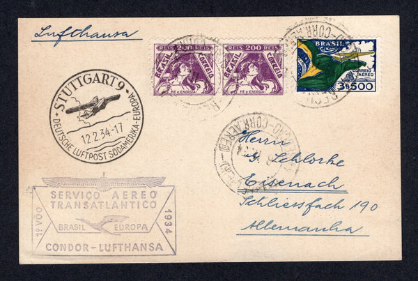 BRAZIL - 1934 - FIRST FLIGHT: Plain postcard franked with 1933 pair 200rs violet and 1933 3500rs blue, green & yellow AIR issue (SG 541 & 530) tied by RECIFE cds's dated 8 II 1934. Flown on the 'Rio de Janeiro - Stuttgart' first flight by Condor Lufthansa with fine strike of boxed first flight cachet on front and STUTTGART arrival cds on front. (Muller #200)  (BRA/41524)