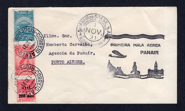 BRAZIL - 1931 - FIRST FLIGHT: Cover franked with 1929 200rs carmine and 300rs light blue 'Santos Dumont' AIR issue and 1931 200rs on 300rs rose red (SG 470/471 & 505) tied by RIO DE JANEIRO cds dated 1 XI. 1931 with fine PANAIR DO BRASIL SERVICIO AEREO RIO DE JANEIRO cds alongside. Flown on the Rio de Janeiro - Porto Alegre first flight of the 2nd November with first flight cachet in black on front. Addressed to PORTO ALEGRE with arrival mark on reverse. (Muller #138)  (BRA/41525)