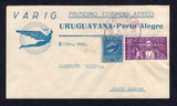 BRAZIL - 1932 - PRIVATE AIRMAIL COMPANIES - VARIG - FIRST FLIGHT: Illustrated 'Varig Primeiro Correio Aereo Uruguayana - Porto Alegre' First Flight cover franked with 1932 200rs reddish violet (SG 515) and 1931 500rs ultramarine on blue VARIG issue (Sanabria #V29) tied by URUGUAYANA VARIG cds's in purple dated 26 JUL 1932. Addressed to PORTO ALEGRE with arrival cds on reverse. Scarce flight. (Muller #174a)  (BRA/41589)