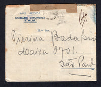 BRAZIL - 1932 - REVOLUTION: Circa 1932. Stampless cover with 'ARS MEDICA UNIDAD CIRURGICA ITALIA' imprint at top censored with manuscript 'Visto' and additional 'Visto 25' censor marks on front with plain brown censor strip at top tied on front & back by two strikes of undated circular 'CORREIO MILITAR M.M.D.C. S. PAULO' marking in black. Addressed to SAO PAULO. A little roughly opened at right.  (BRA/41590)