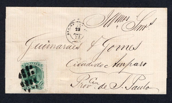 BRAZIL - 1872 - DOM PEDROS: Cover franked with 1866 100rs green 'Dom Pedro' issue, Die 2 (SG 47a) tied by dumb 'Cork' cancel in black with RIO DE JANEIRO cds alongside. Addressed to AMPARO with SAO PAULO arrival cds on reverse.  (BRA/8141)