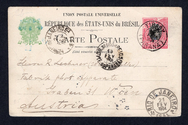 BRAZIL - 1904 - POSTAL STATIONERY & CANCELLATION: 100rs black & red 'Liberty Head' postal stationery card (H&G 27a) used with fine strike of TIBAGY (PARANA) cds. Addressed to AUSTRIA with various transit marks on front. Crease at lower left.  (BRA/8159)