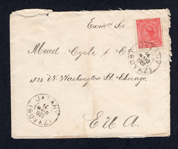 BRAZIL - 1920 - CANCELLATION: Cover franked with single 1918 100rs rose red (SG 292Aa) tied by fine JATAHY (GOYAZ) cds with second strike alongside. Addressed to USA with N.P.- RIO 2A T VOLTA railway transit cds on reverse. Cover is roughly opened at top & side.  (BRA/8174)